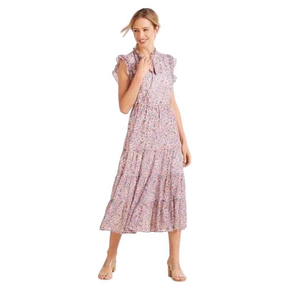 BB Dakota Dress Womens Small Pink Floral Tiered Ruffle Midi BM18641W